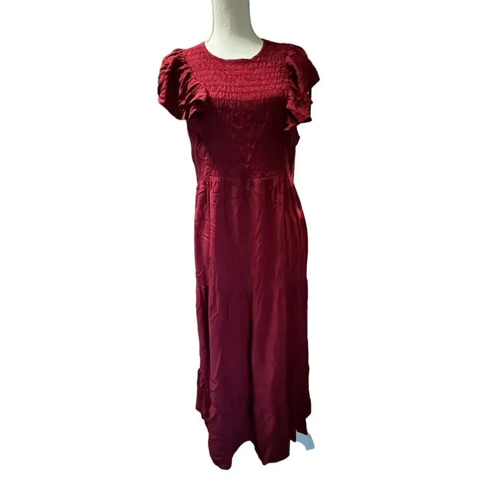 Shirt Ruffled Sleeve Romantic Maxi Burgundy Dress Ruched  Chest and Open Back - Picture 3 of 7